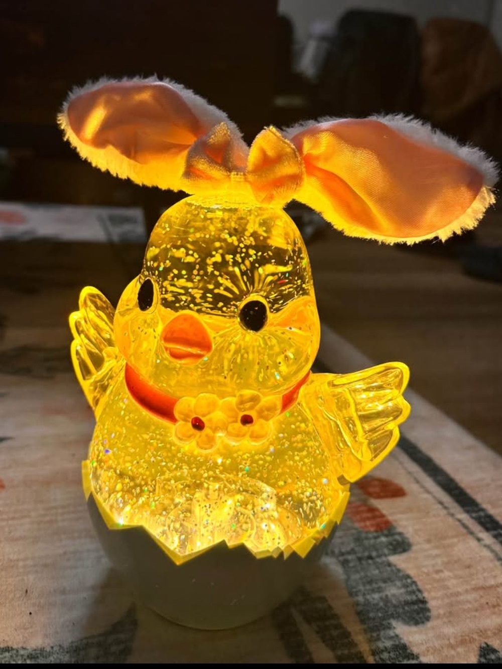 Cracker Barrel Yellow Glitter Chick with Pink Bunny Ears and Blue Egg Base
